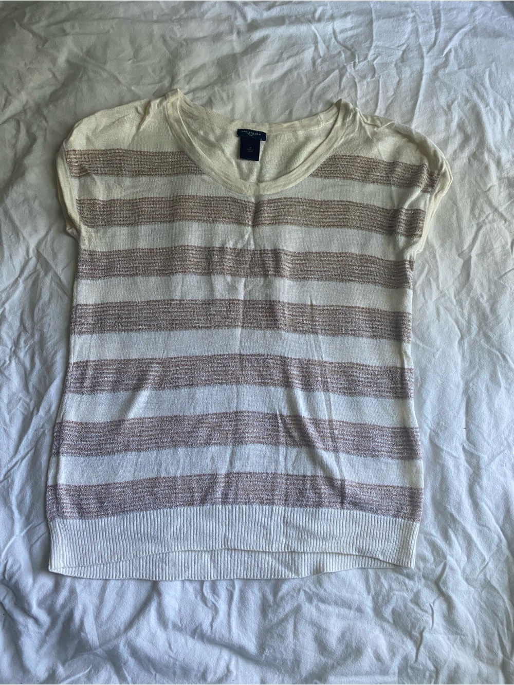 Ann Taylor Short-Sleeve Striped Knit Top in Cream & Brown
